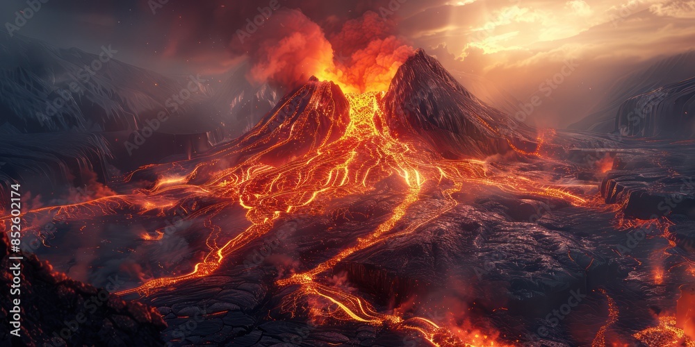 Dramatic volcanic eruption with flowing molten lava at sunset ...