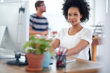 Poster - portrait, web design or confident african woman on computer for digital project development or probl