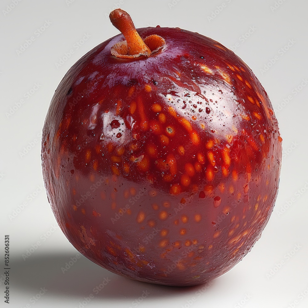 Close-up image of a fresh plum with water droplets on a white ...