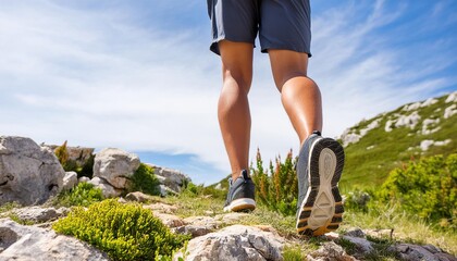  low angle view of legs with sports shoes running on a mountain