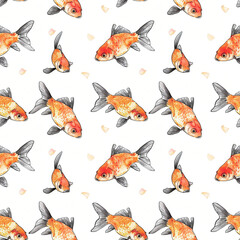 Wall Mural - Watercolor seamless pattern with many swimming goldfish isolated on white background.