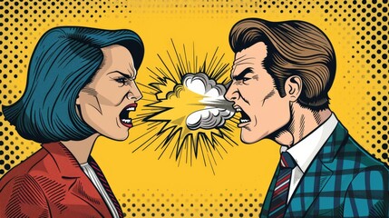 Two business colleagues shout at each other with a comic book style explosion between them