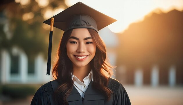  Happy Asian university graduate wearing black gown outdoors