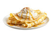 © Masood - A Decadent Dessert: Whipped Cream and Caramel Drizzled Over Golden Crepes on a Clear PNG or White Background.