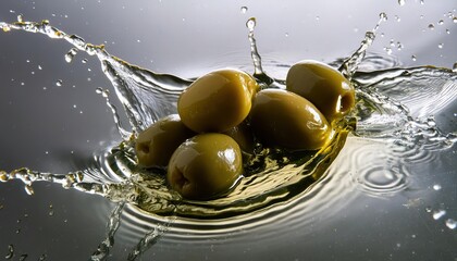 Wall Mural - green olives in splashes of olive oil 