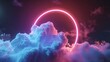 © Екатерина Чумаченко - 3d render, abstract cloud illuminated with neon light ring on dark night sky. Glowing geometric shape, round frame