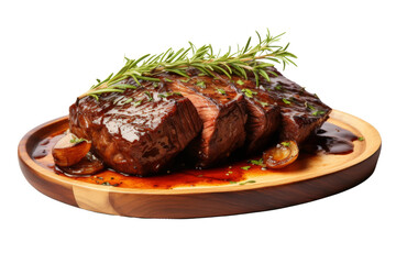 A Rosemary-Garnished Steak Dinner on a Wooden Platter on a Clear PNG or White Background.