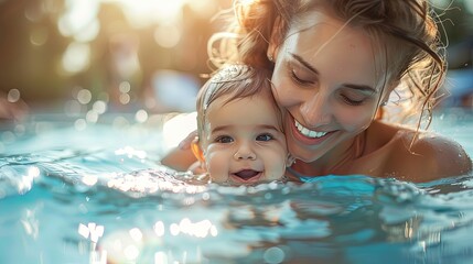 A loving mother gently holds her baby in the pool, in a scene bathed in sunlight with a bokeh background