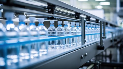 Wall Mural - Water factory - Water bottling line for processing and bottling pure spring water. Robotic factory line for processing and bottling of pure spring water into canisters and bottles.