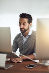 Poster - Laptop, research and man in office with notes, email and business networking at digital agency. Reading, thinking and professional businessman at desk with online report, review or project management