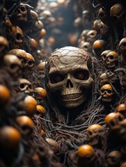 Poster - a skull surrounded by many skulls in a dark room