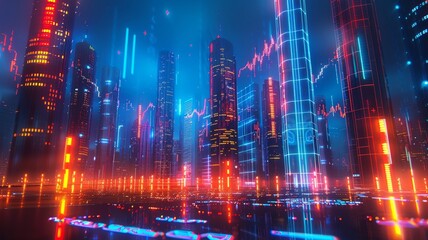 Wall Mural - Futuristic Cyberpunk Cityscape With Neon Lights and Skyscrapers