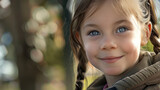 A smiling young girl with bright blue eyes and braided hair in an outdoor setting, showcasing youthful innocence and joy.
