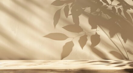 Wall Mural - Abstract background with an empty beige table and a shadow of a leaf on the wall for product presentation