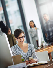 Wall Mural - Phone, typing and happy woman in office checking online chat, research and networking on social media. Communication, reading and consultant at desk with smartphone, notes and mobile app for email