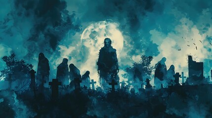 Canvas Print - Eerie Silhouette of Skull and Supernatural Entities in Ghostly Graveyard