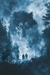 Canvas Print - Ghostly Silhouettes of Supernatural Creatures in a Moody Graveyard Scene with Minimal Watercolor Technique