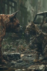 Sticker - Fierce Canine and Feline Clash Amidst Dilapidated Urban Ruins in Cinematic 3D Render