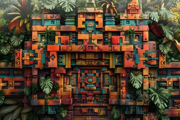 Sticker - Intricate Mayan-Inspired Geometric Artwork with Vibrant Earthy Tones and Layered Textures