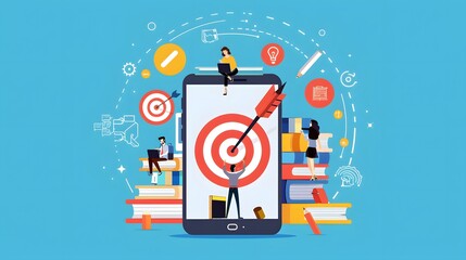 Wall Mural - Minimalist UI illustration of digital marketing, flat vector app icon in the style of Sagi Haviv and dribbble, blue color palette with people working on mobile phone in the background, books stack as 