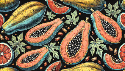Wall Mural - A background illustration of papayas on a black background