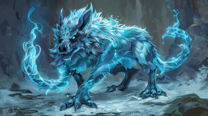 Wall Mural - A majestic ice wolf stands tall in the snow-covered mountains. Its fur is a shimmering white, and its eyes are a deep, piercing blue.