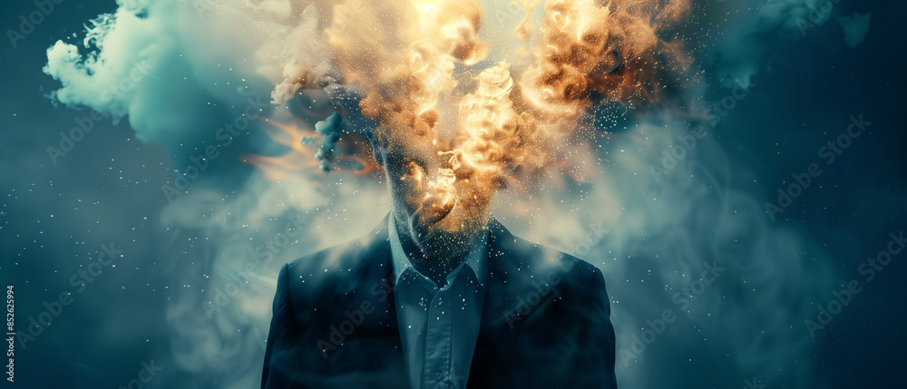 Mind-blowing idea, head explosion illustration of businessman in chaos ...