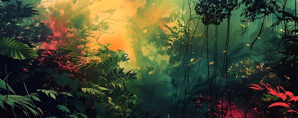Wall Mural - abstract rainforest scene featuring a vibrant red flower in the foreground