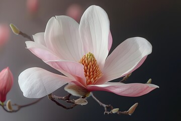 Realistic portrait photo macro shot, of  botanical white pink magnolia flower with dark background, wallpaper, wall art