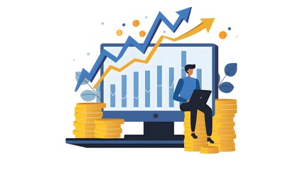 Poster - a man sitting on top with a laptop and gold coins. a large screen shows a growth graph with an up ar