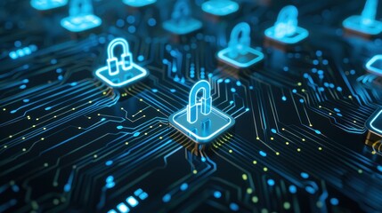 Poster - Futuristic digital security concept with glowing padlocks on a circuit board, symbolizing data protection and cybersecurity advancements.