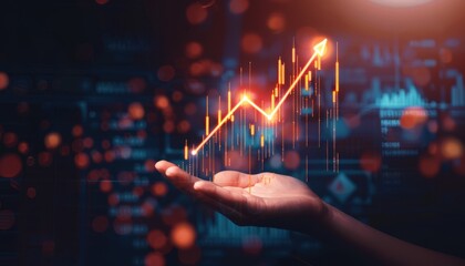 Poster - Hand holding a glowing line graph showing growth and success in data analysis on a dark, abstract background.