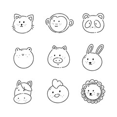 Wall Mural - Cute animal face doodle line vector illustration