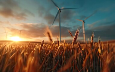 Wind turbines generating renewable energy in a wheat field at sunset, symbolizing clean energy and sustainability.