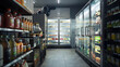© VK Studio - A brightly-lit refrigerated aisle in a modern grocery store, with neatly arranged produce and beverages on the shelves.