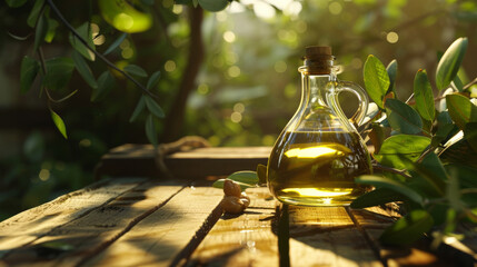 Sticker - A glass bottle of olive oil on a rustic wooden table, surrounded by olive branches, bathed in warm, golden sunlight in a picturesque outdoor setting.