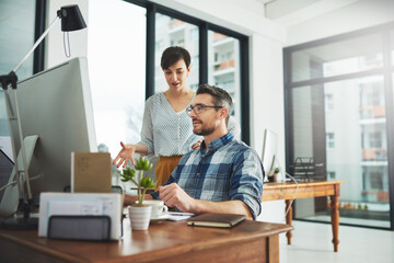 Fototapete - Team, people and coworking for review in office for business on project in company as developer in digital agency. Group, feedback and collaboration in communication, growth or career in brand design