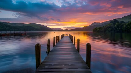 Wall Mural - Sunset over calm lake wooden dock summer evening, water, tranquil, beauty, nature