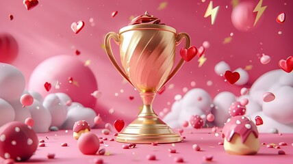 Golden Trophy Amidst Pink Clouds and Hearts in Dreamy Fantasy Setting