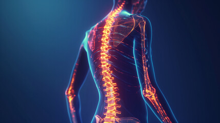 3d illustration of the human body. backache on red spine. medical concept