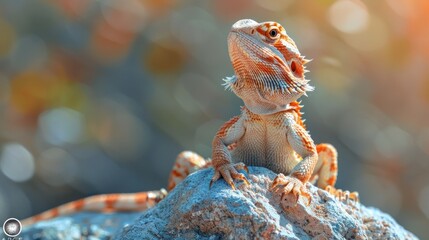 Poster - Orange Bearded Dragon on Rock with Blurry Background