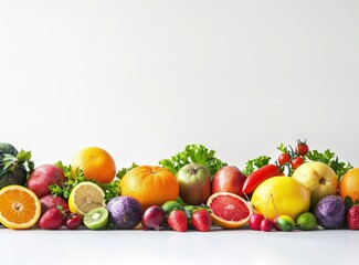 Wall Mural - A variety of fruits and vegetables displayed on a white background