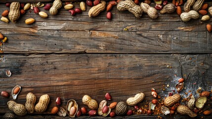Close up of dried peanuts Peanuts in shells arranged on wooden surface