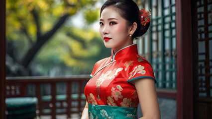 Canvas Print - Chinese Woman in a Traditional Cheongsam / Qipao