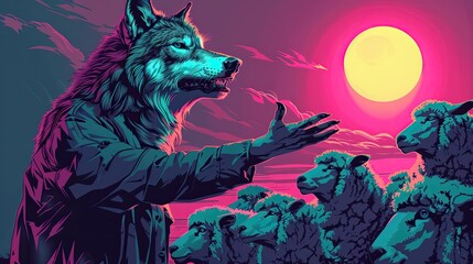 Wall Mural - Dynamic Wolf Giving a Speech to Sheep in Neon Purple and Turquoise