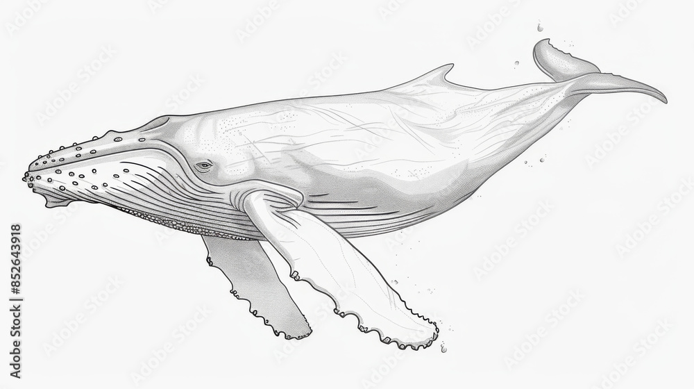 A meticulous pencil drawing of a humpback whale, showcasing its detailed features and graceful form in a realistic style.