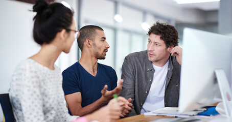 Aufkleber - Business people, teamwork and talking in office on computer with problem solving or publishing solution. Editor, copywriter and group planning for story, manuscript or creative project development