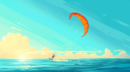 Kitesurfer gliding on ocean waves under a bright blue sky with an orange kite, capturing a vibrant seaside adventure.