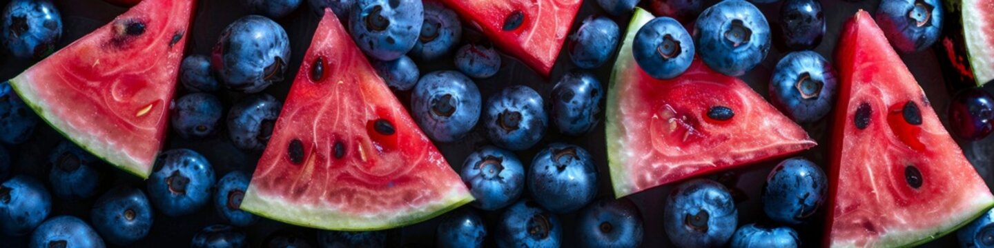 Summer fruit salad of watermelon and blueberries, flat lay.