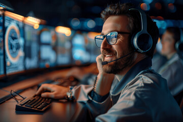 Poster - A man wearing a headset and glasses is smiling at the camera. He is sitting in front of a computer monitor with several screens